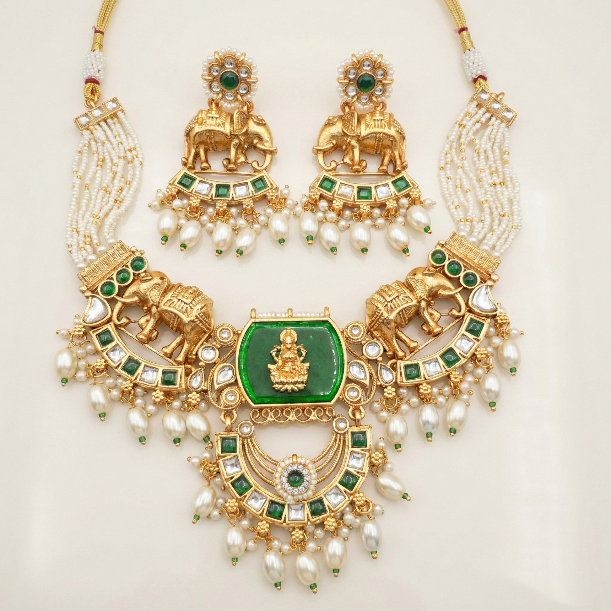 Kundan Necklace Set - Bihari Bridal Necklace with Elephant & Emerald Design - nandai.store