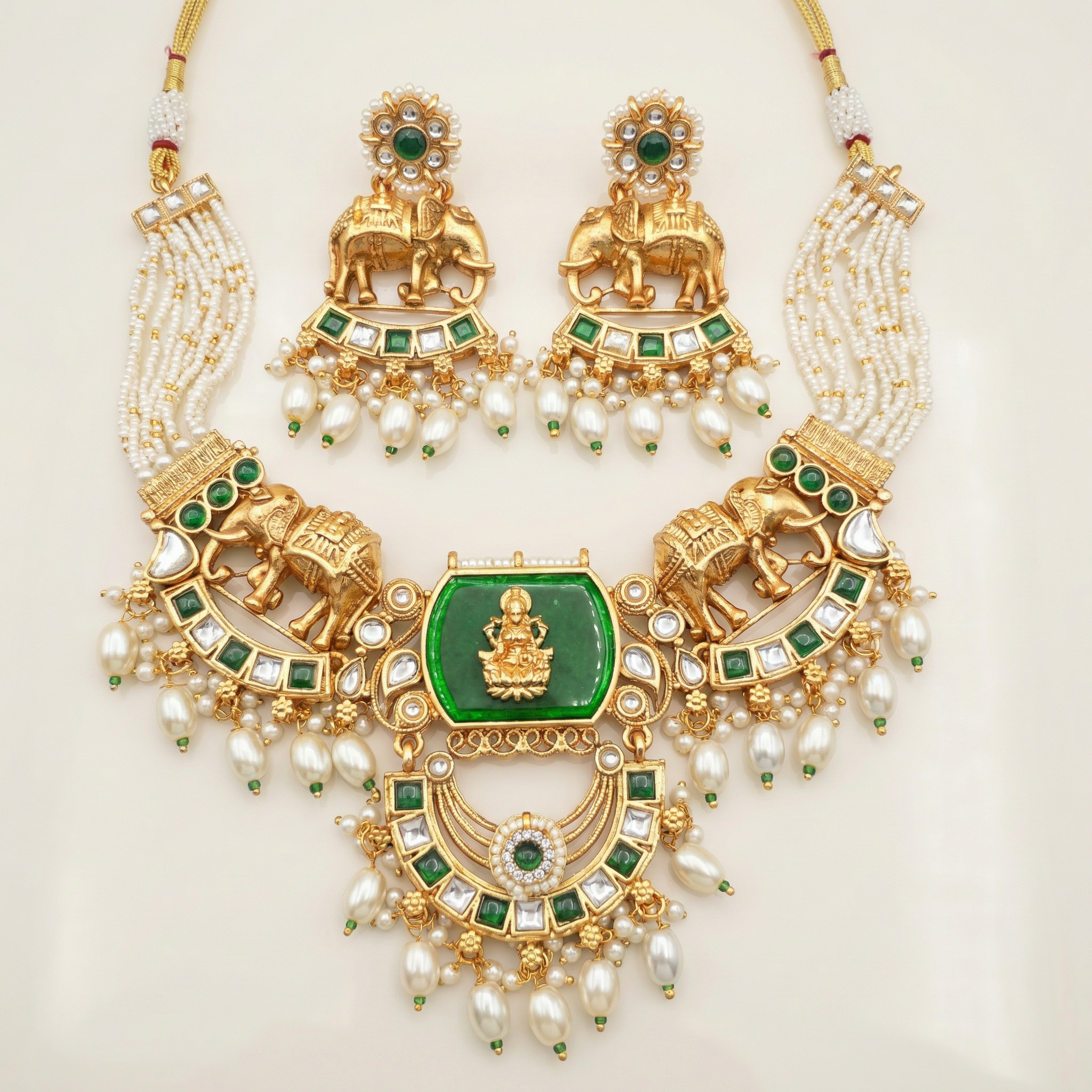 Kundan Necklace Set - Bihari Bridal Necklace with Elephant & Emerald Design - nandai.store