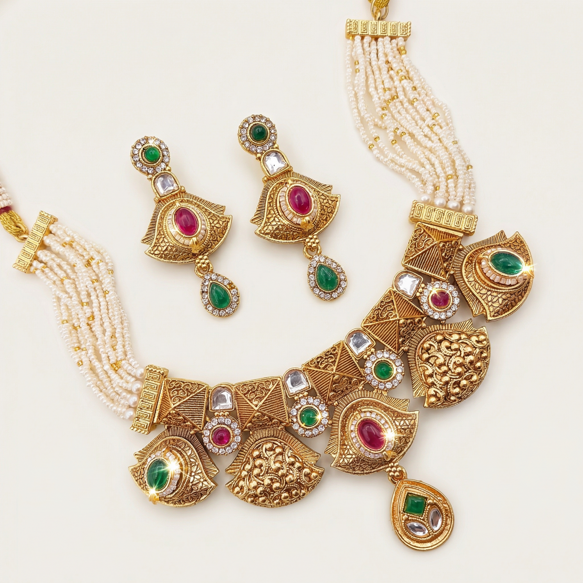 Meenakari Rajputi Choker Necklace | Antique Gold Enamel Jewelry Set - nandai.store