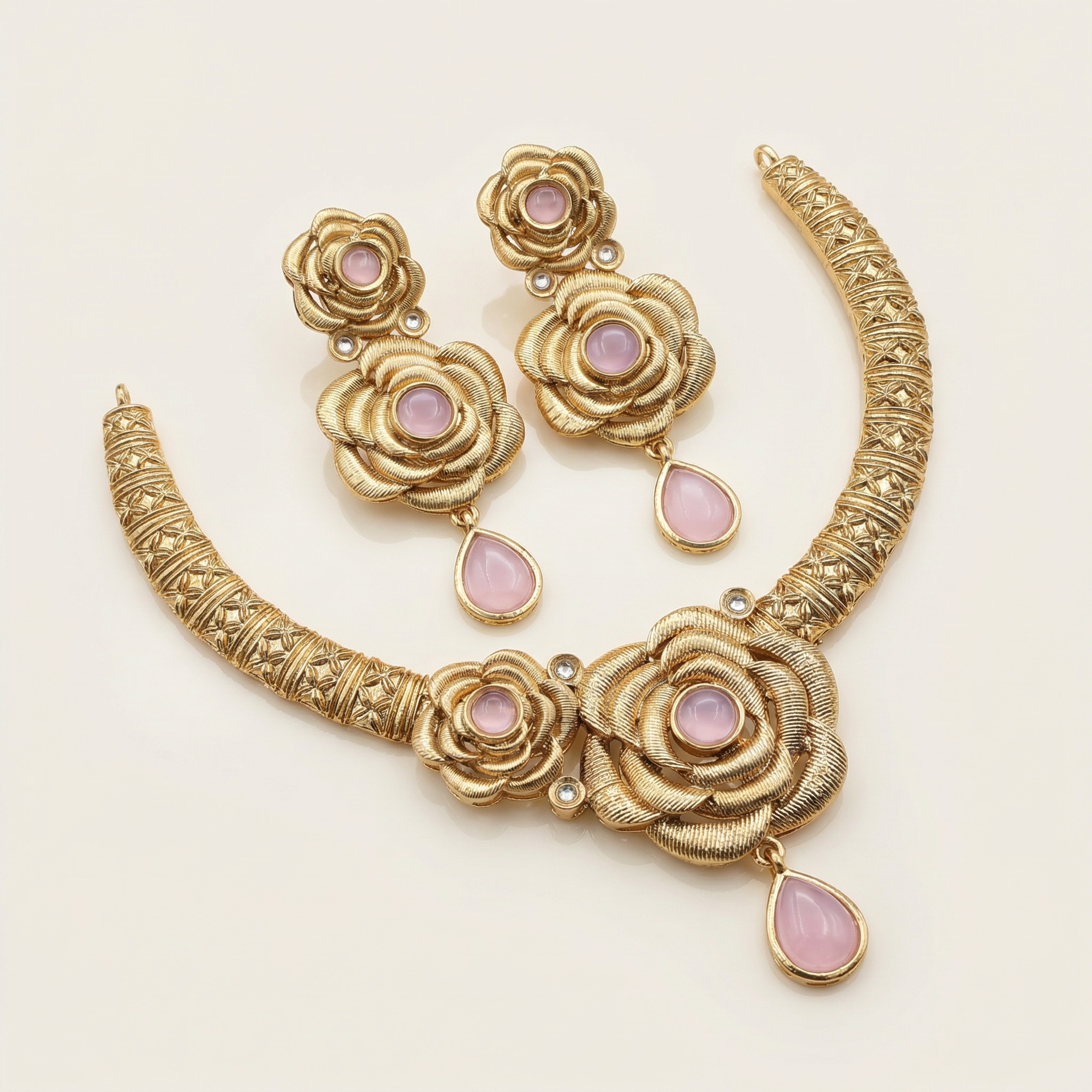 Hasadi Necklace | Rajwadi Rose Design with Green Stones Bridal Set - nandai.store