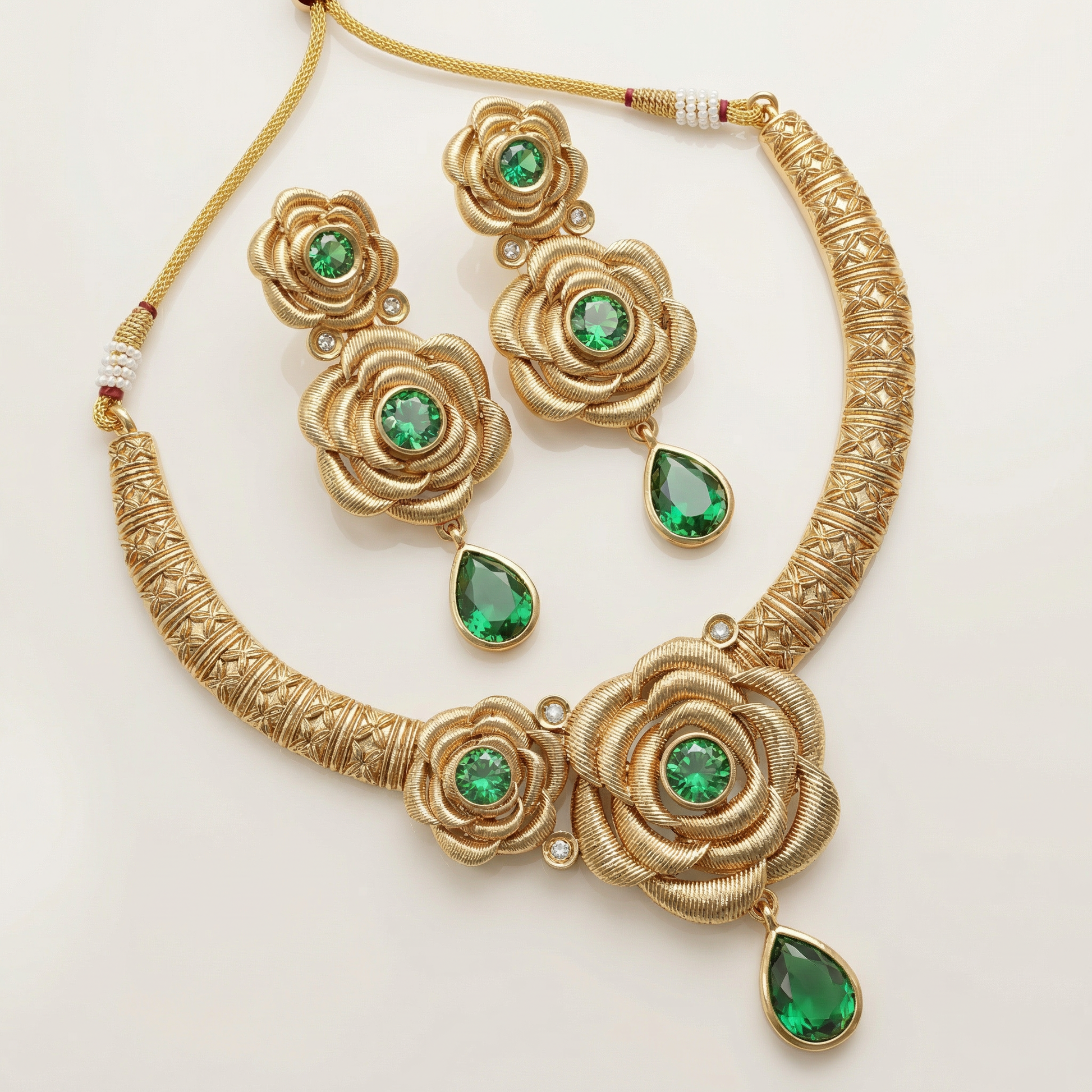Hasadi Necklace | Rajwadi Rose Design with Green Stones Bridal Set - nandai.store