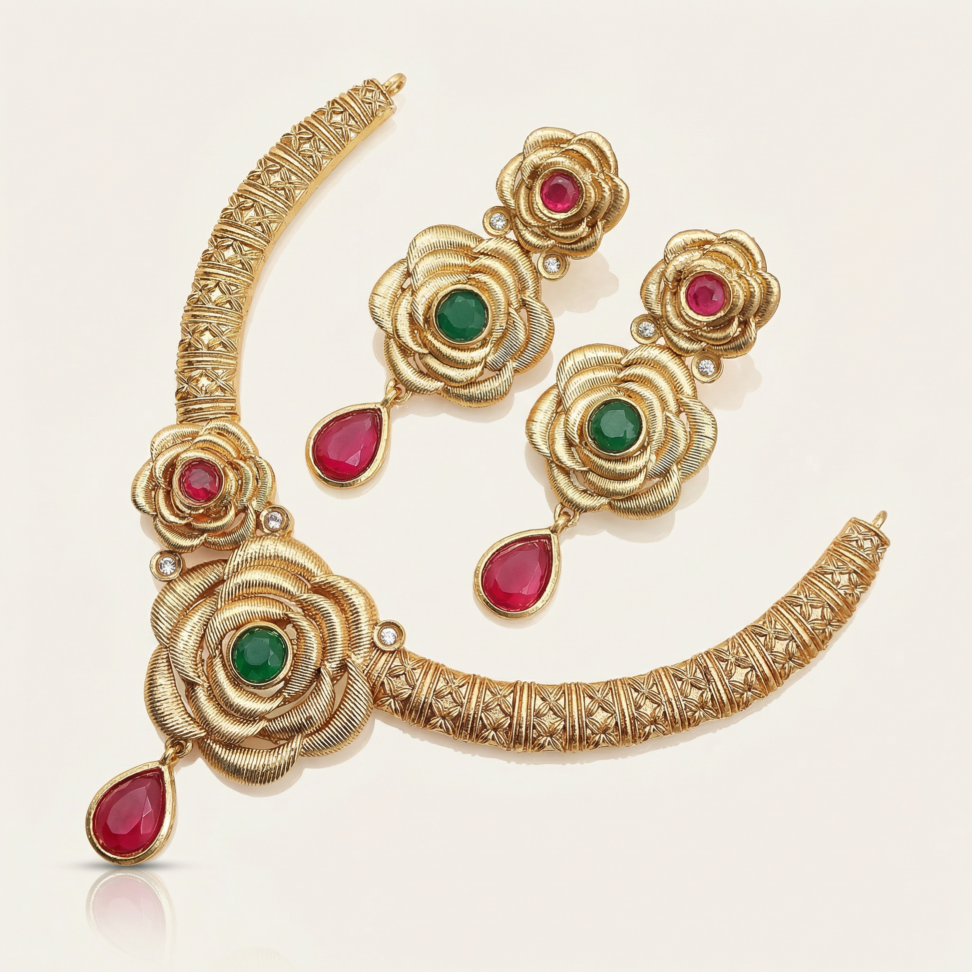 Hasadi Necklace | Rajwadi Rose Design with Green Stones Bridal Set - nandai.store