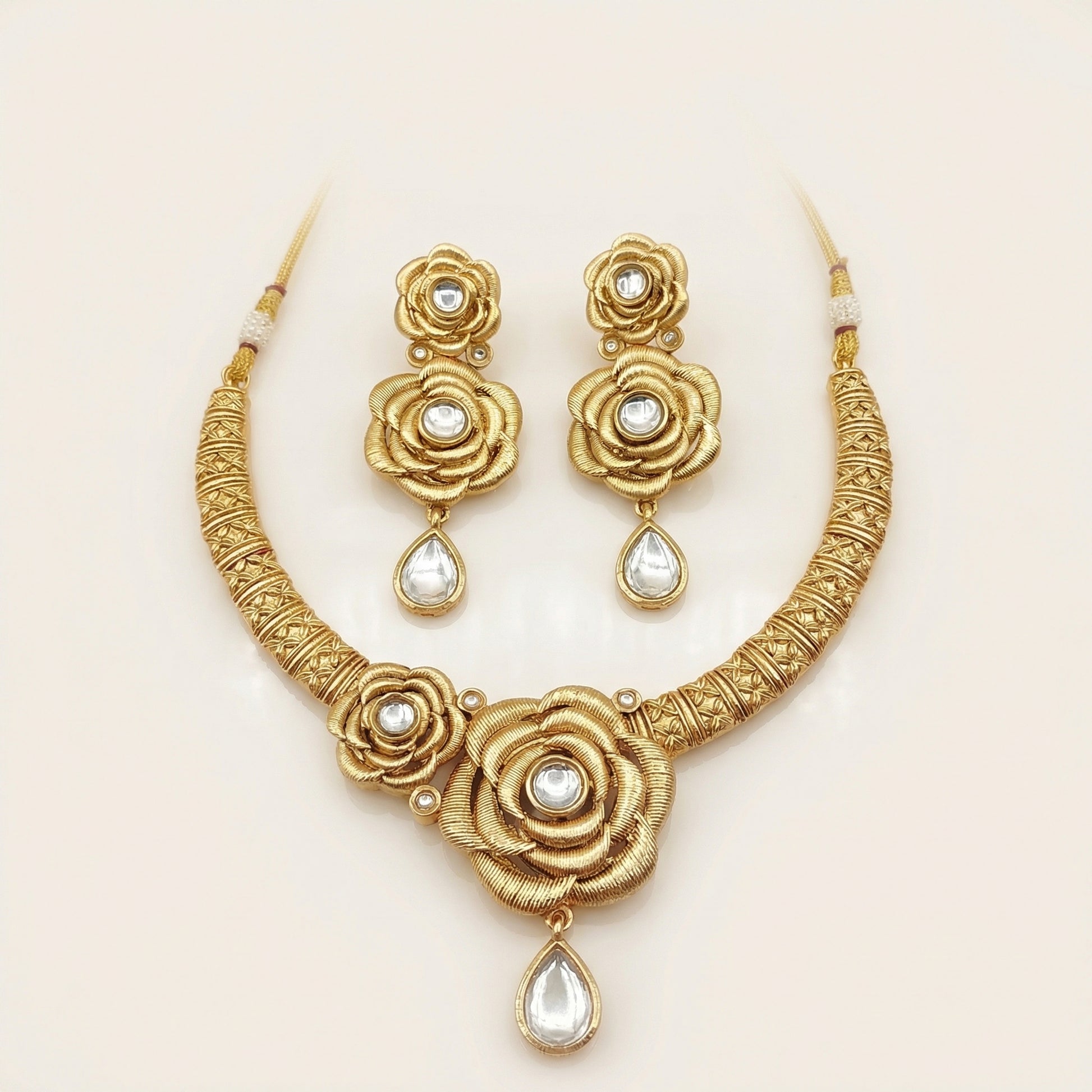 Hasadi Necklace | Rajwadi Rose Design with Green Stones Bridal Set - nandai.store