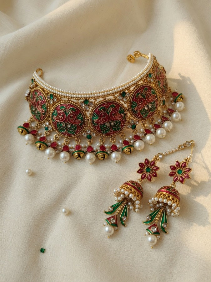 Polki Choker Set - Majestic Uncut Bridal Gold-Plated Necklace & Earrings for Elegant Style — Nandai studio