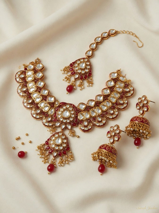 Rajwadi Necklace Set - Madhubala Bridal Jewelry - Gold Meenakari Choker with Earrings & Pearls — Nandai studio