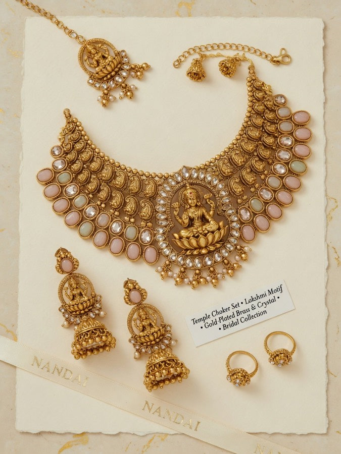 Temple Jewellery Choker Set | Bridal Gold-Plated Necklace with Earrings — Nandai studio