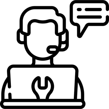 Outline of a person wearing a headset with a speech bubble and laptop with wrench symbol on a white background